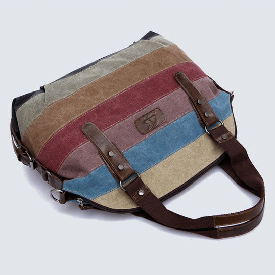 Classic Women Retro Rainbow Canvas Handbag Image 2