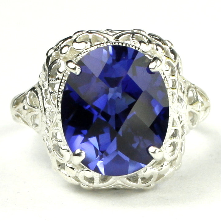 Sterling Silver Antique Style Filigree Ladies Ring Created Blue Sapphire SR009 Image 1