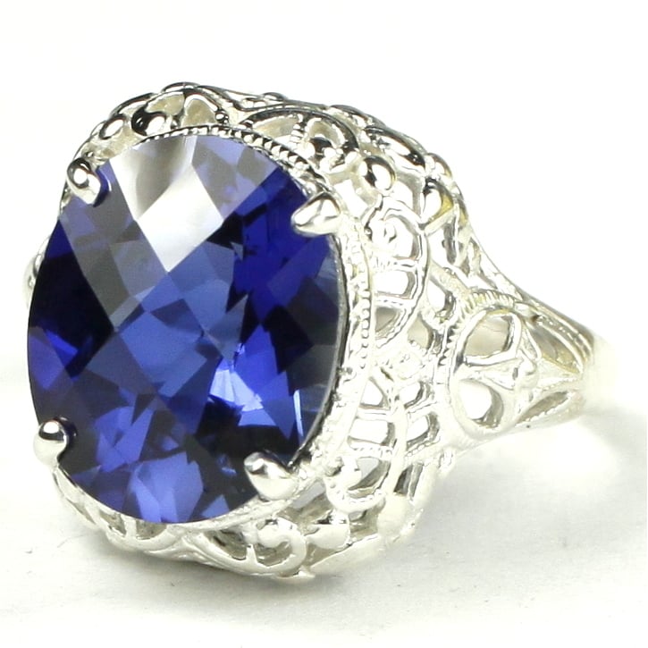 Sterling Silver Antique Style Filigree Ladies Ring Created Blue Sapphire SR009 Image 2