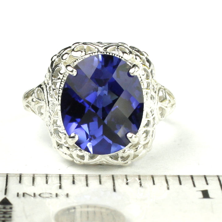 Sterling Silver Antique Style Filigree Ladies Ring Created Blue Sapphire SR009 Image 4