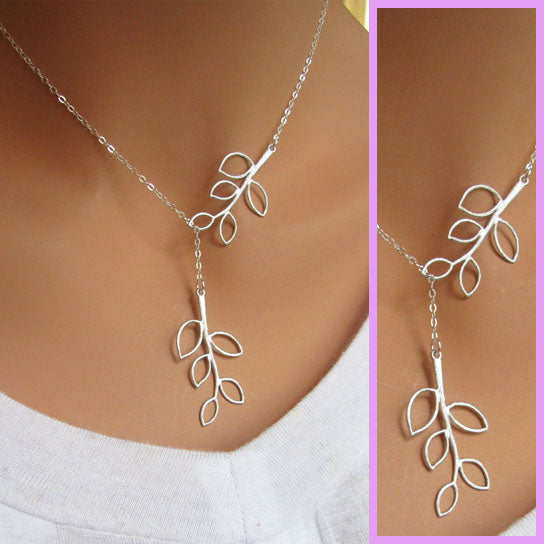 Elegant Women Double Leaf Lariat Necklace Image 2