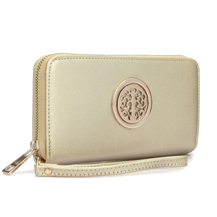 Dasein Zip Around Wallet Purse Faux Leather Gold Emblem 7.75x4 Inch Removable Strap Image 4