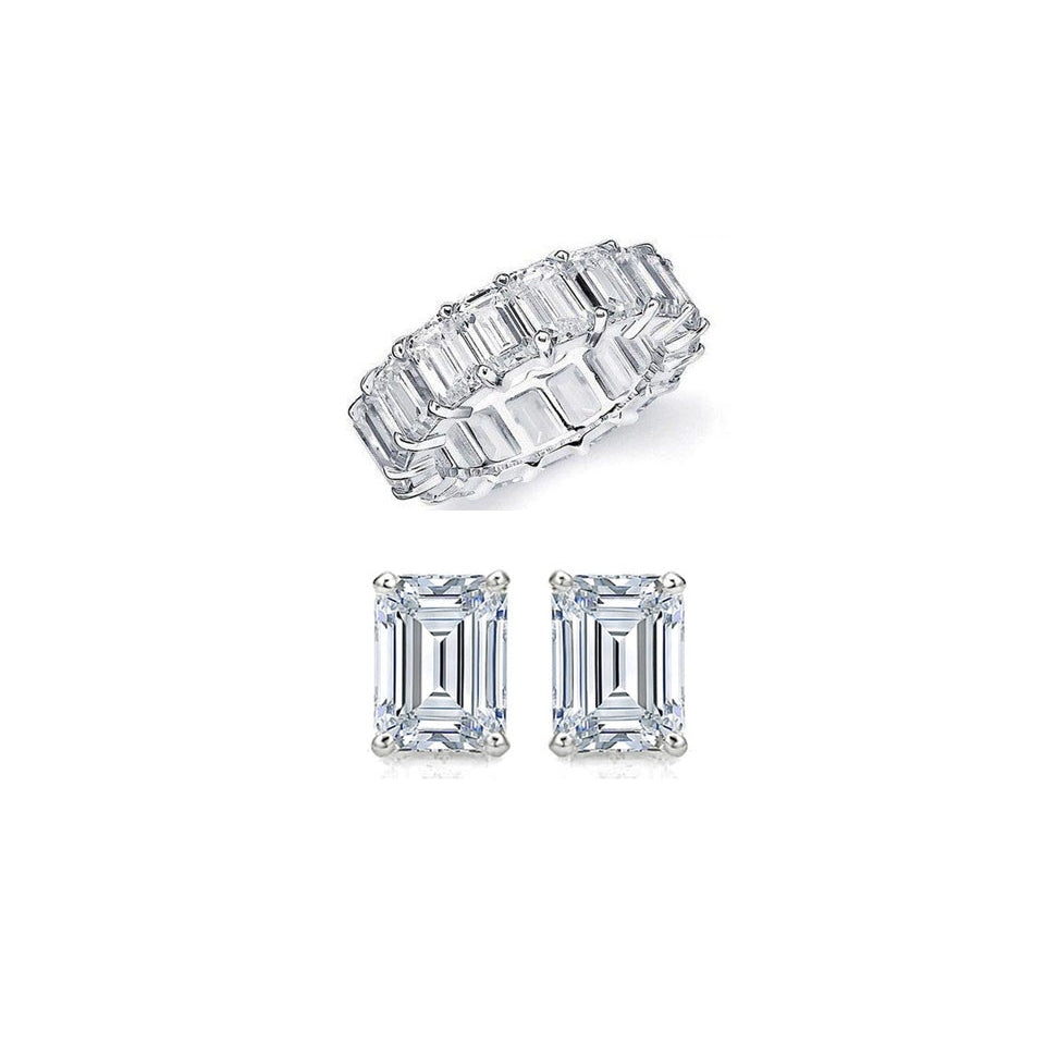 18K White Gold Plated Emerald Cut Eternity Band and Stud Set 4 CTTW AAA CZ Image 1