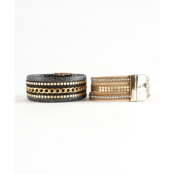 Wrap Cuff Vegan Leather MultiStrand Chain and Sequins Magnetic Clasp Bracelet Arm Stacks Image 3