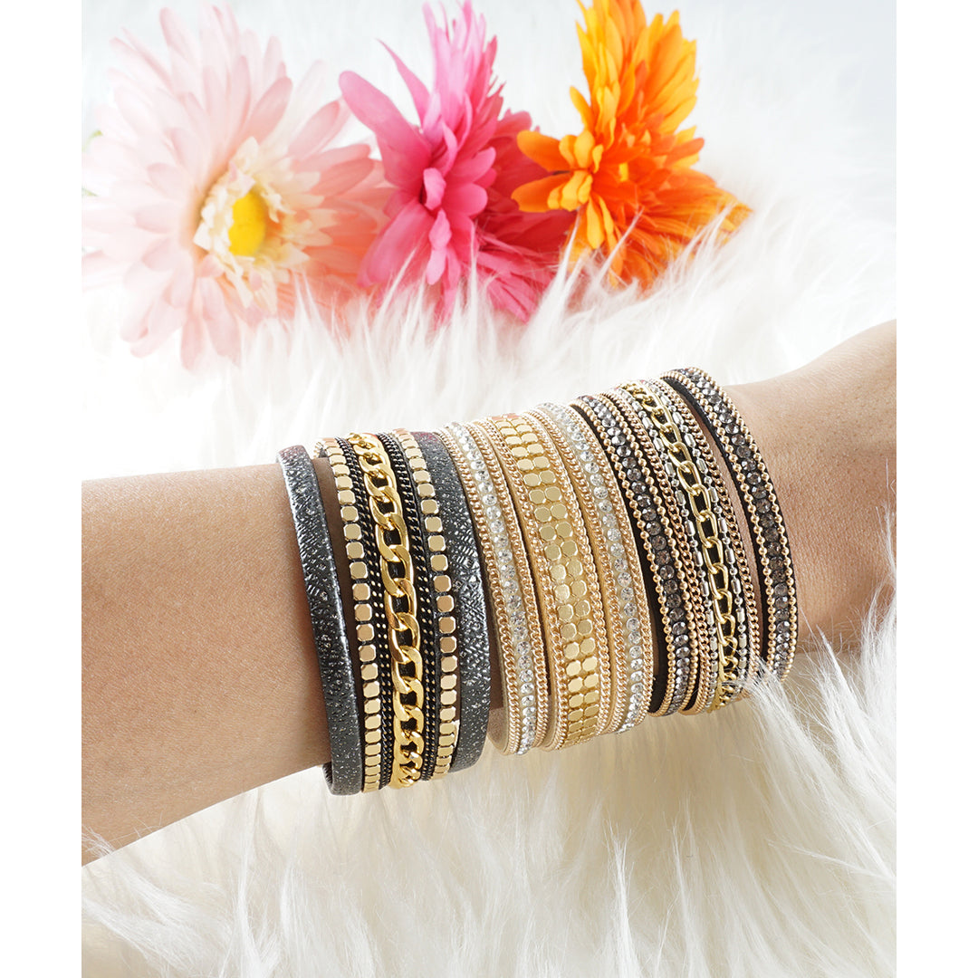 Wrap Cuff Vegan Leather MultiStrand Chain and Sequins Magnetic Clasp Bracelet Arm Stacks Image 4