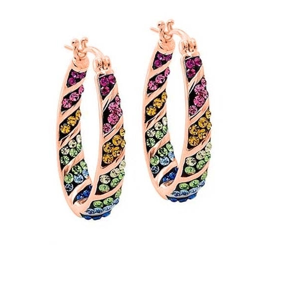 Multi Color Swarovski Elements Crystal Hoops in 18k Rose Gold Image 1