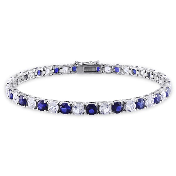 Blue White Simulated Diamond Tennis Bracelet 11.00 CTTW 18k White Gold Plated 7.5" Image 1