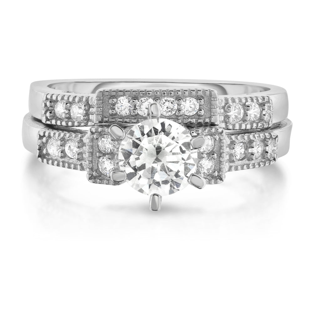 18kt White Gold Plated Sterling Silver Diamond Cut Bridal Ring Band Set Size 5-9 Image 2