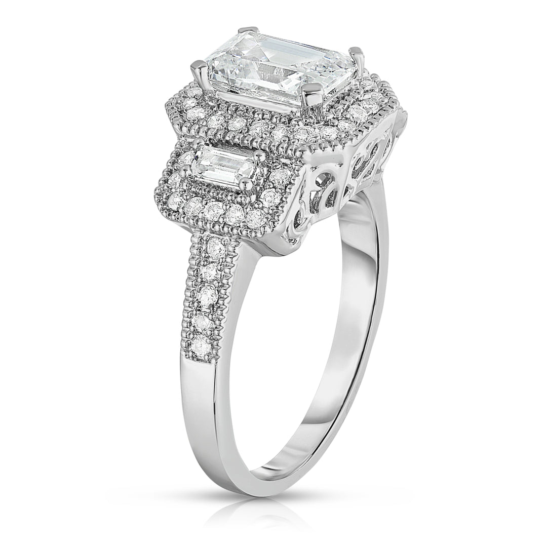 18k White Gold Plated Ring With Emerald Cut Stone and Micropave Image 3