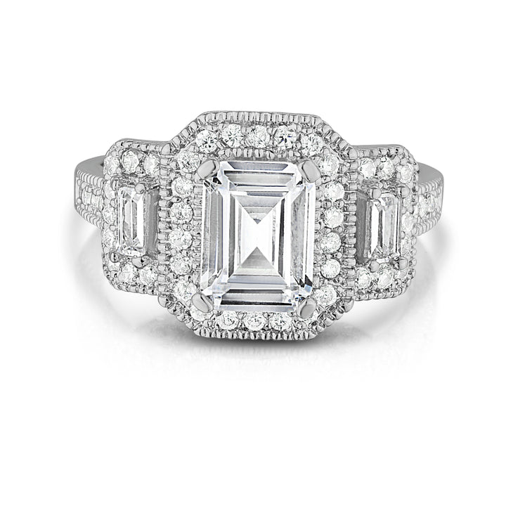 18k White Gold Plated Ring With Emerald Cut Stone and Micropave Image 4