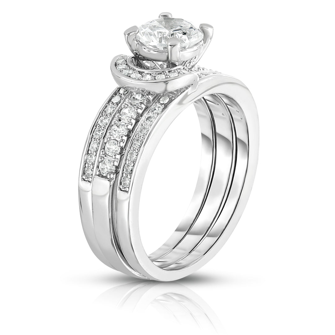 18k White Gold Micropave Interlock Ring and Band Set with AAA Cubic Zirconia Image 2