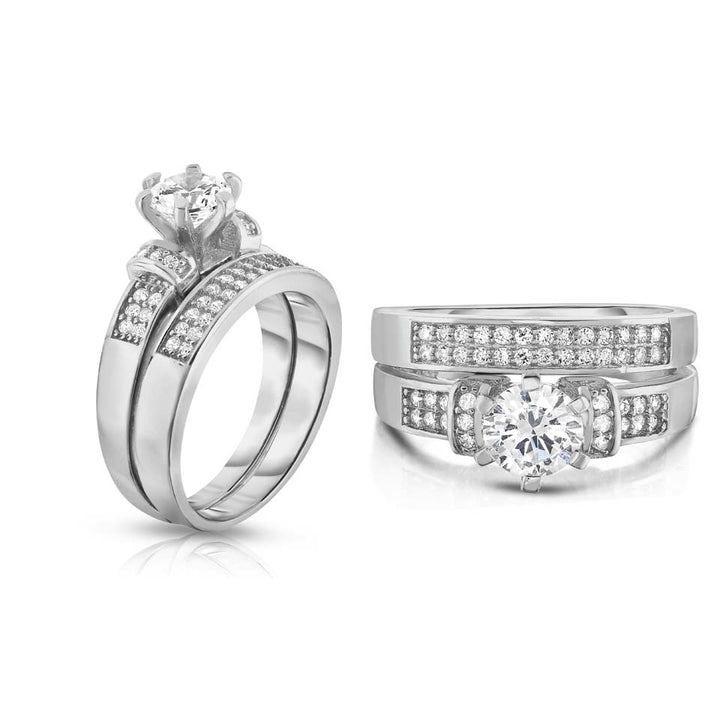 18k White Gold Dual Row Simulated Diamond Bridal Ring Band Set Sizes 6-9 Image 1