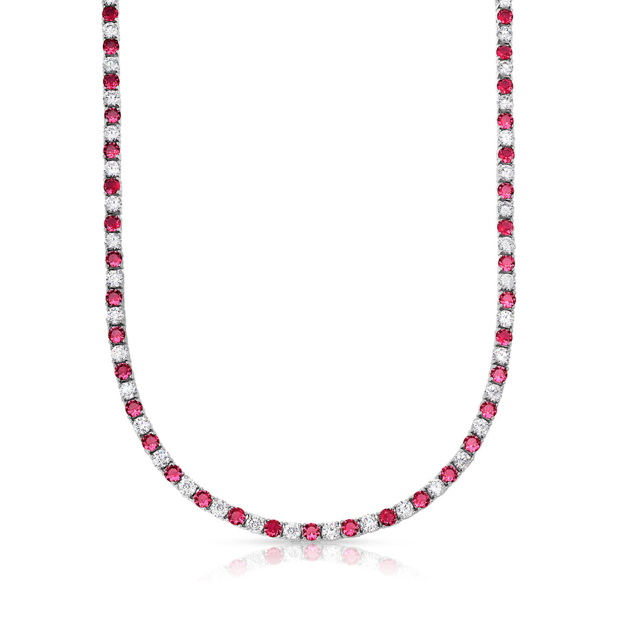 18K White Gold Ruby and White Cubic Zirconia Tennis Necklace 22 CTTW 18" Length Image 1