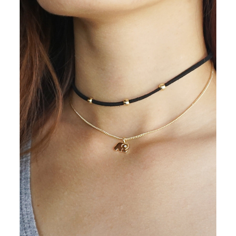 Black Suede Choker with Gold Beads and Elephant Charm NecklaceThin Black ChokerFaux Suede Choker NecklaceCharm Choker Image 1