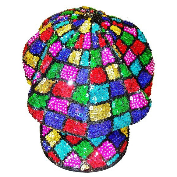 Sequin Newsboy Brando Cap Multicolor Mosaic Square Mardi Gras Fat Tuesday Image 1