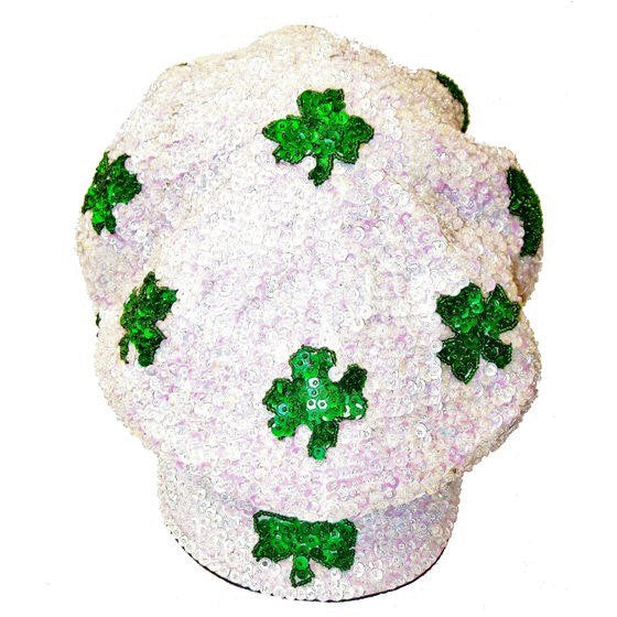 Sequin Newsboy Brando Cabbie Cap Handbeaded White SHAMROCK St Patricks day Image 1