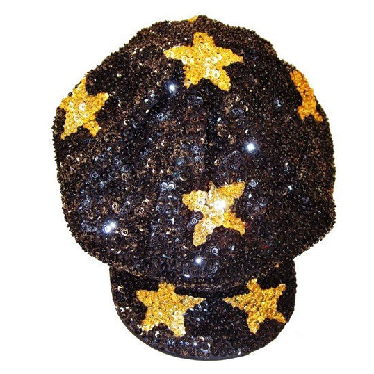 Sequin Newsboy Brando Cabbie Cap BLACK GOLD Stars Western Rodeo Image 1