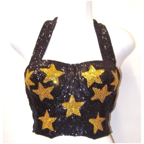 Sequin Bustier Halter Top Black w/Gold Stars Image 1