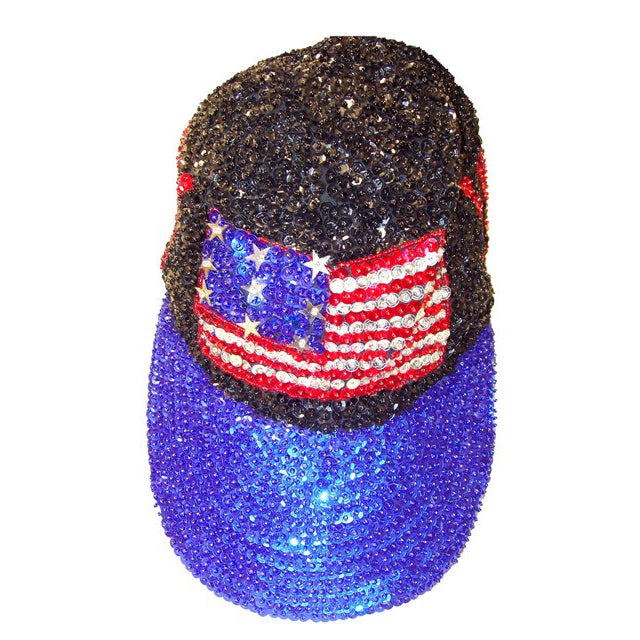 Sequin Baseball Cap Black and Blue USA FLAG Image 1