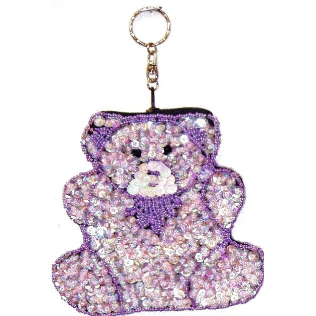 Sequin Beaded Cute Animal Coin Purse Key Chain Purple TEDDY BEAR Image 1