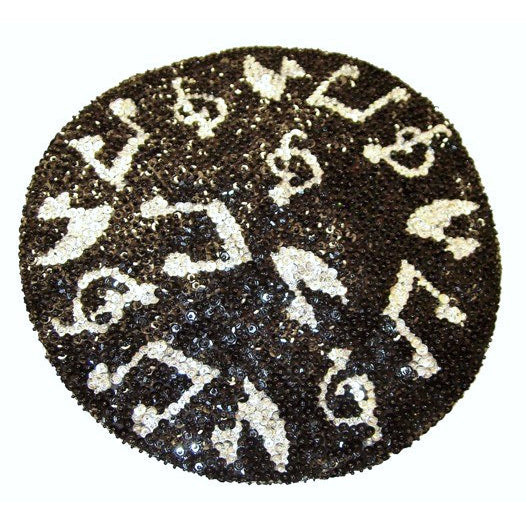 Sequin Beret Style Cap Black Silver Music Notes Image 1