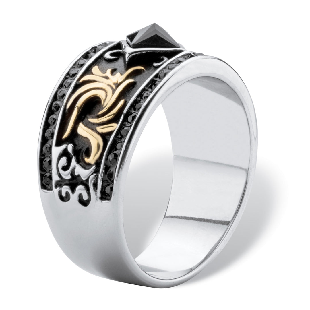 Mens Square-Cut and Pave Black Crystal Two-Tone Scroll Ring in Gold Ion-Plated Antiqued Stainless Steel Image 2