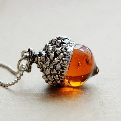 Silver Acorn Amber Necklace Image 2