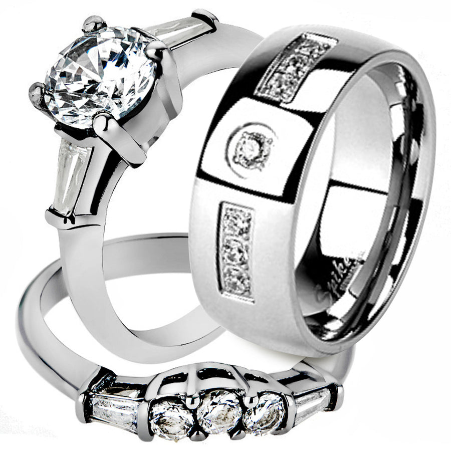 His and Her Stainless Steel 1.95 Ct Cz Bridal Ring Set and Men Zirconia Wedding Band Image 1