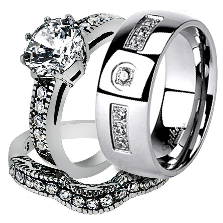 His and Her Stainless Steel 2.29 Ct Cz Bridal Ring Set and Men Zirconia Wedding Band Image 1