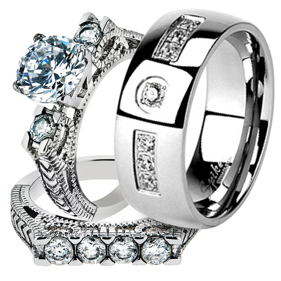 His and Her Stainless Steel 2.95 Ct Cz Bridal Ring Set and Men Zirconia Wedding Band Image 1