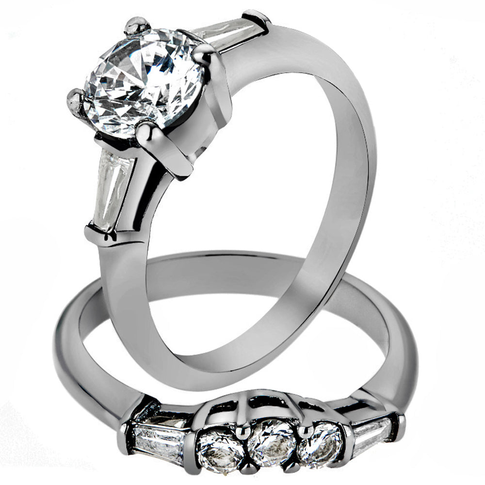 His and Her Stainless Steel 1.95 Ct Cz Bridal Ring Set and Men Zirconia Wedding Band Image 2