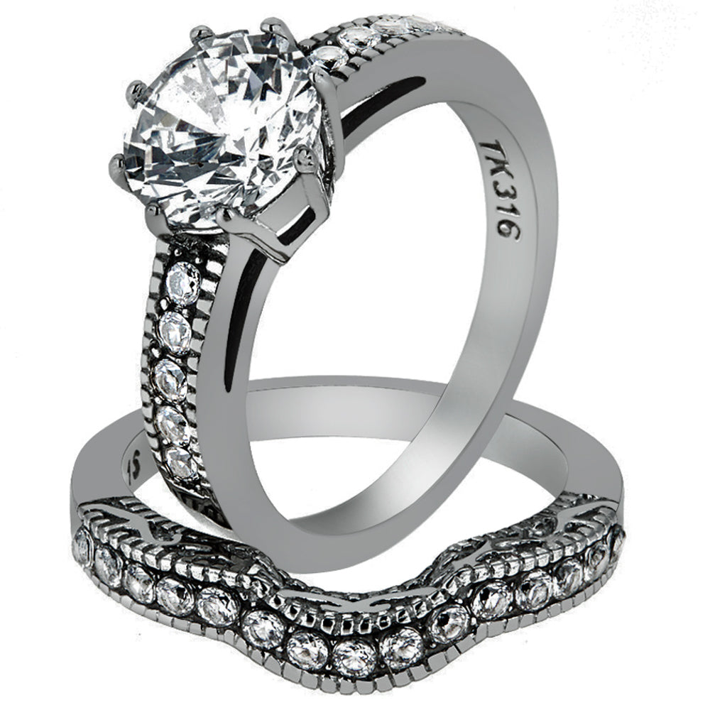 His and Her Stainless Steel 2.29 Ct Cz Bridal Ring Set and Men Zirconia Wedding Band Image 2
