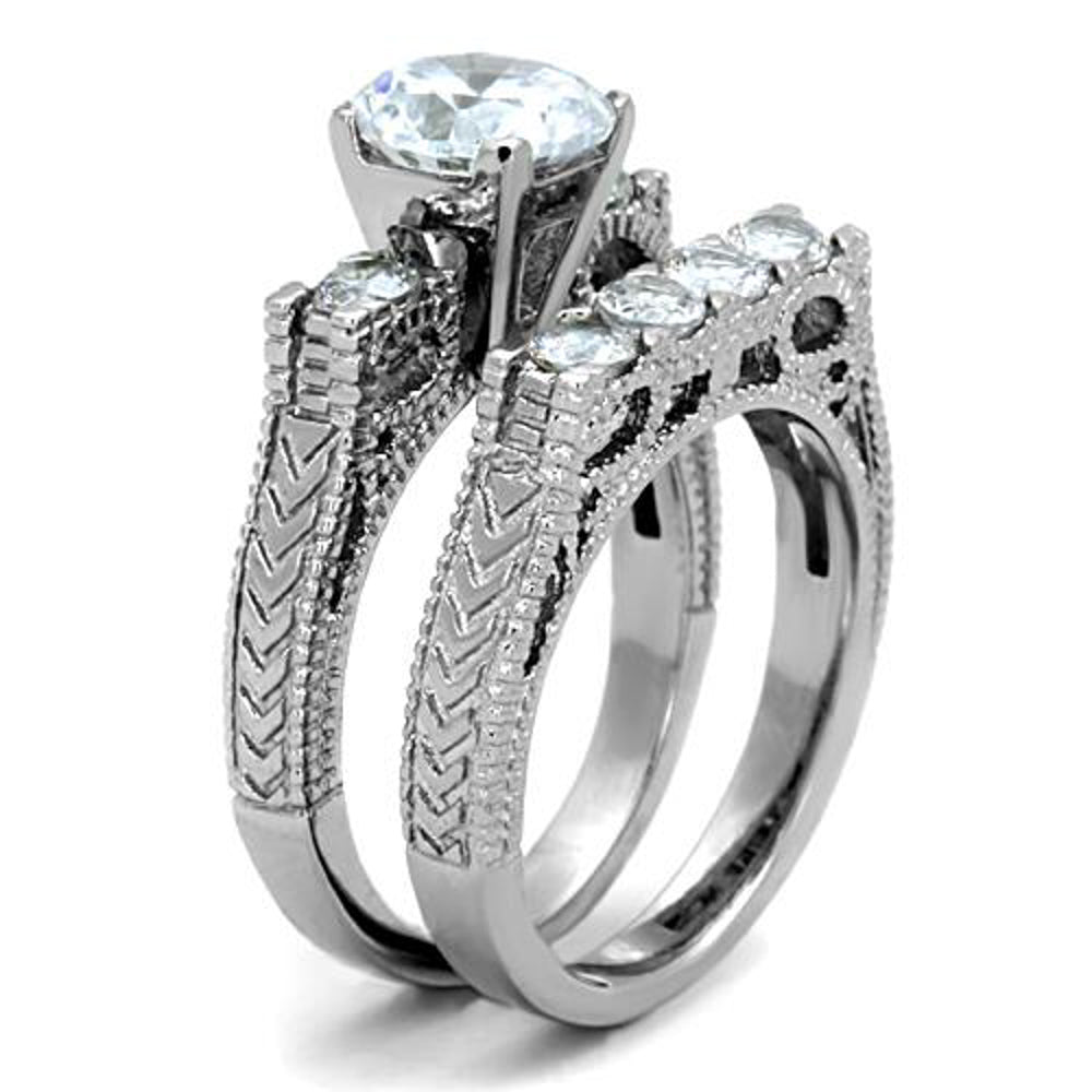 His and Her Stainless Steel 2.95 Ct Cz Bridal Ring Set and Men Zirconia Wedding Band Image 6