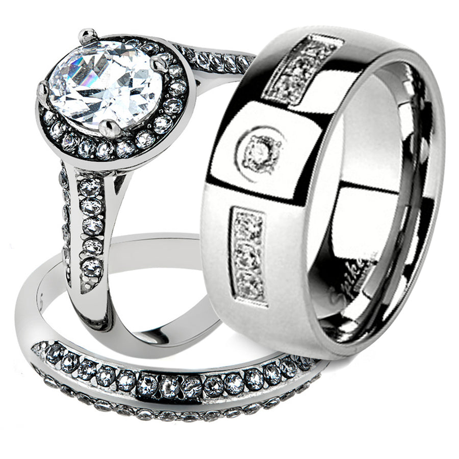 His and Her Stainless Steel 2.60 Ct Cz Bridal Ring Set and Men Zirconia Wedding Band Image 1