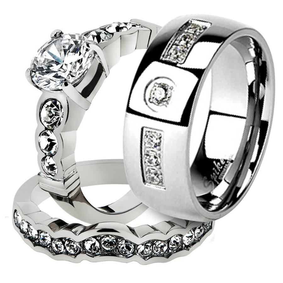 His and Her Stainless Steel 2.35 Ct Cz Bridal Ring Set and Men Zirconia Wedding Band Image 1