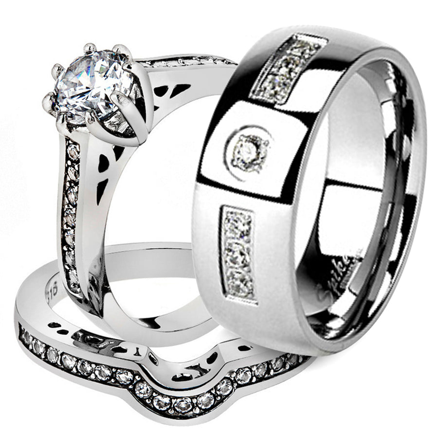 His and Her Stainless Steel 1.85 Ct Cz Bridal Ring Set and Men Zirconia Wedding Band Image 1
