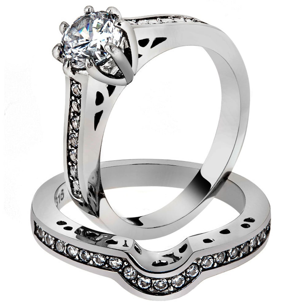 His and Her Stainless Steel 1.85 Ct Cz Bridal Ring Set and Men Zirconia Wedding Band Image 2