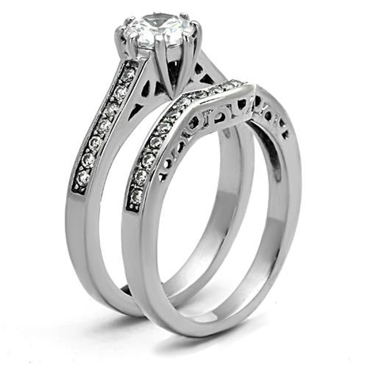 His and Her Stainless Steel 1.85 Ct Cz Bridal Ring Set and Men Zirconia Wedding Band Image 6