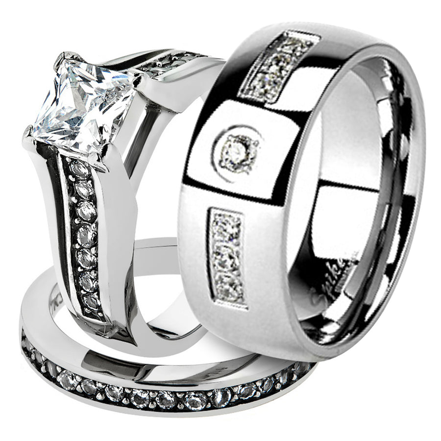 His and Her Stainless Steel 2.10 Ct Cz Bridal Ring Set and Men Zirconia Wedding Band Image 1