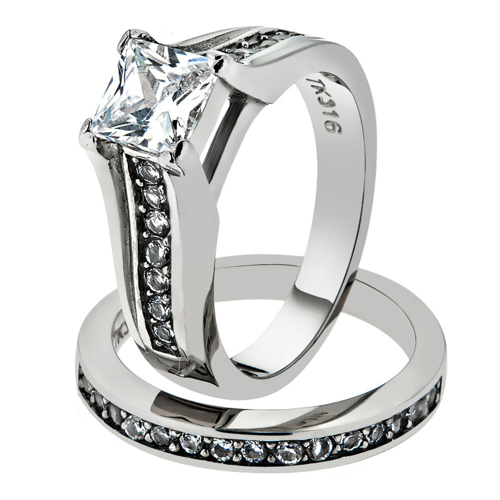 His and Her Stainless Steel 2.10 Ct Cz Bridal Ring Set and Men Zirconia Wedding Band Image 2
