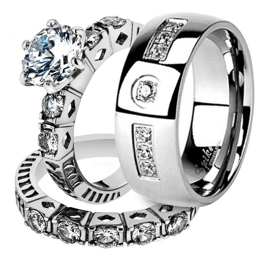 His and Her Stainless Steel 3.10 Ct Cz Bridal Ring Set and Men Zirconia Wedding Band Image 1