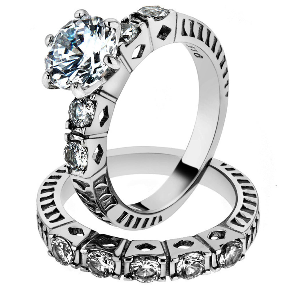 His and Her Stainless Steel 3.10 Ct Cz Bridal Ring Set and Men Zirconia Wedding Band Image 2