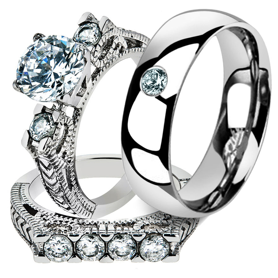 His and Her 3 Pc Stainless Steel 2.95 Ct Cz Bridal Set and Men Zirconia Wedding Band Image 1