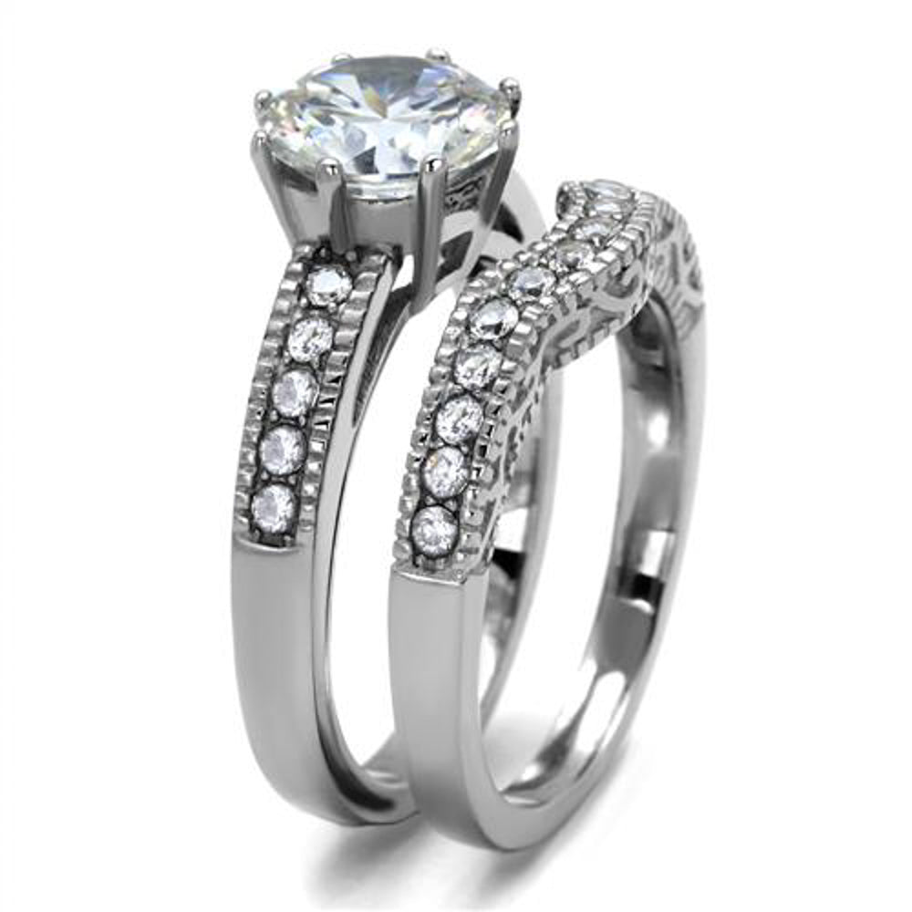 His and Her 3 Pc Stainless Steel 2.29 Ct Cz Bridal Set and Men Zirconia Wedding Band Image 6