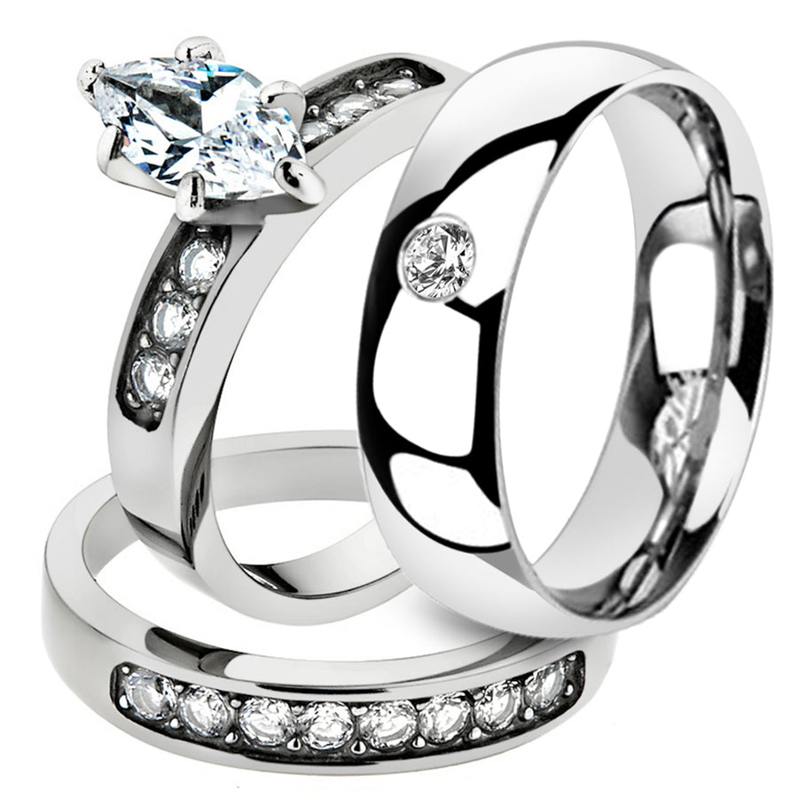His and Her 3 Pc Stainless Steel 1.65 Ct Cz Bridal Set and Men Zirconia Wedding Band Image 1