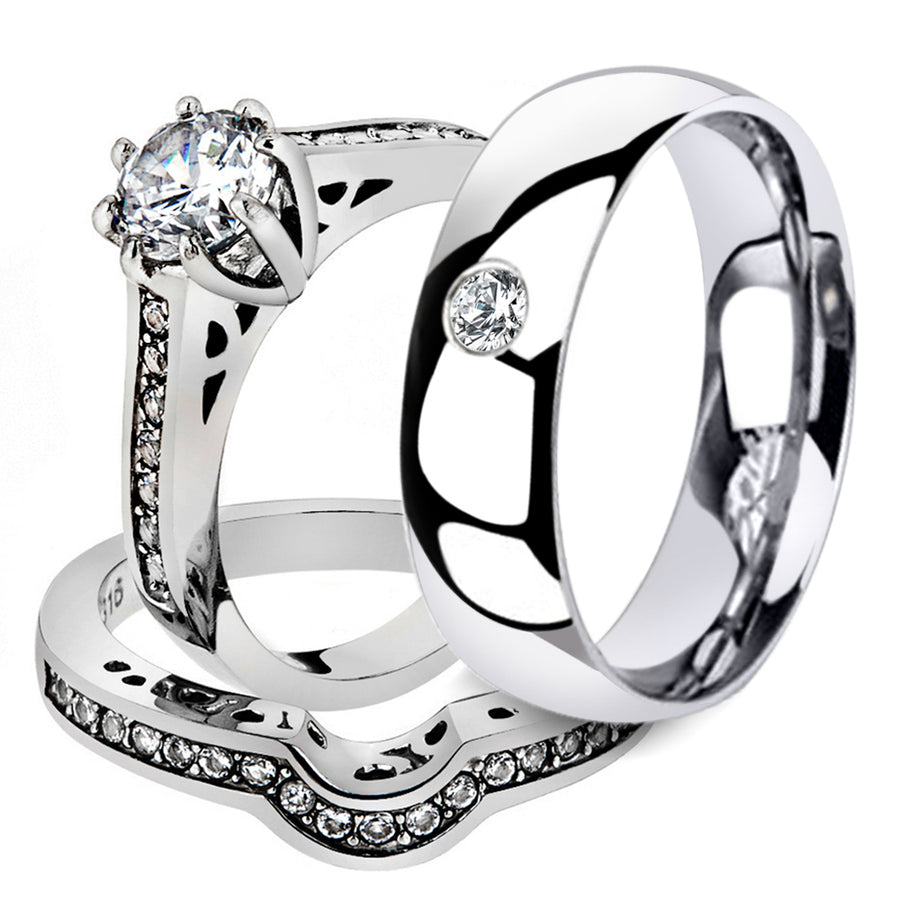 His and Her 3 Pc Stainless Steel 1.85 Ct Cz Bridal Set and Men Zirconia Wedding Band Image 1