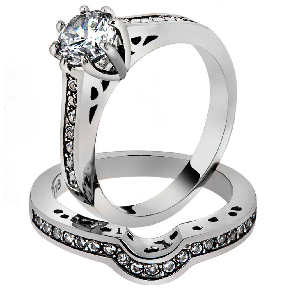 His and Her 3 Pc Stainless Steel 1.85 Ct Cz Bridal Set and Men Zirconia Wedding Band Image 2
