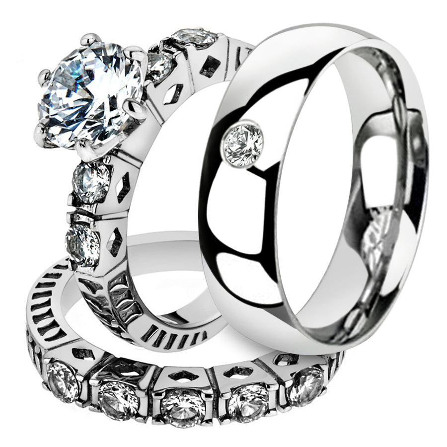 His and Her 3 Pc Stainless Steel 3.10 Ct Cz Bridal Set and Men Zirconia Wedding Band Image 1