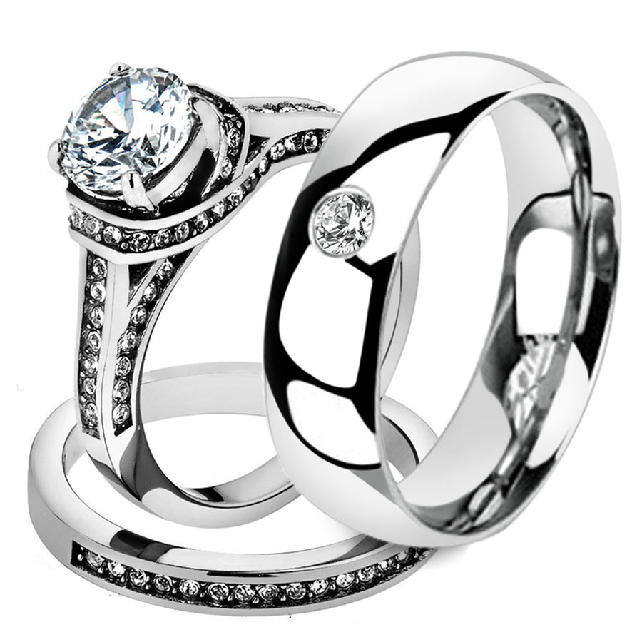 His and Her 3 Pc Stainless Steel 2.75 Ct Cz Bridal Set and Men Zirconia Wedding Band Image 1