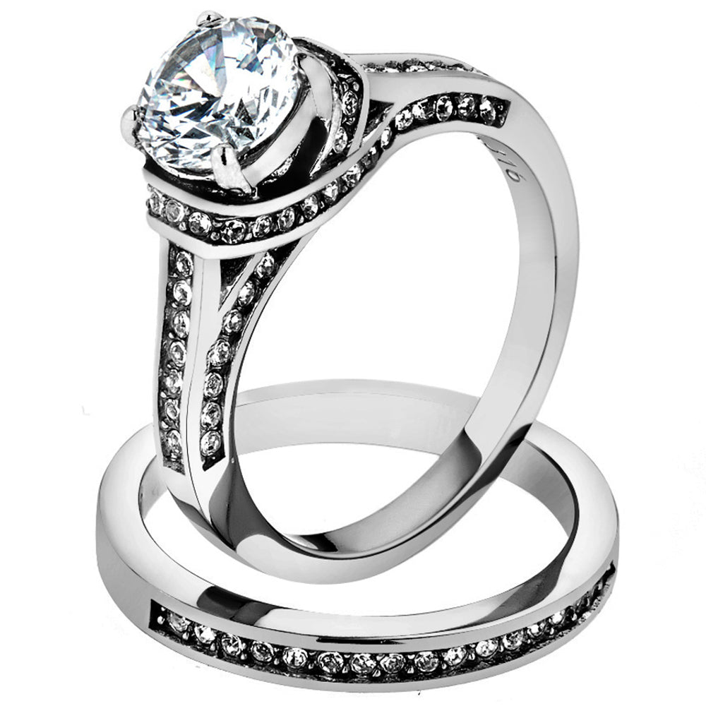 His and Her 3 Pc Stainless Steel 2.75 Ct Cz Bridal Set and Men Zirconia Wedding Band Image 2
